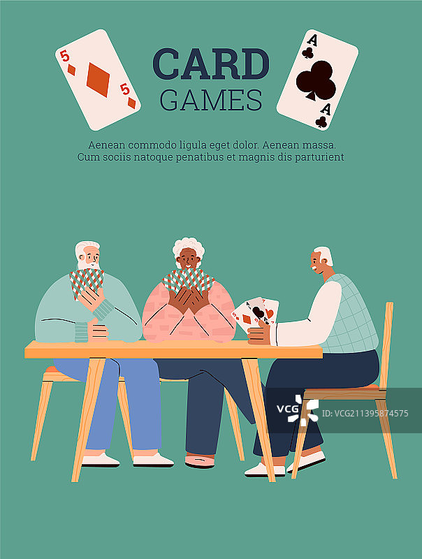 老年人纸牌游戏扁平风格图片素材
