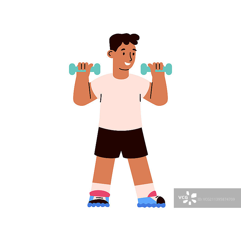 扁平风格的年轻男孩正在用哑铃锻炼图片素材