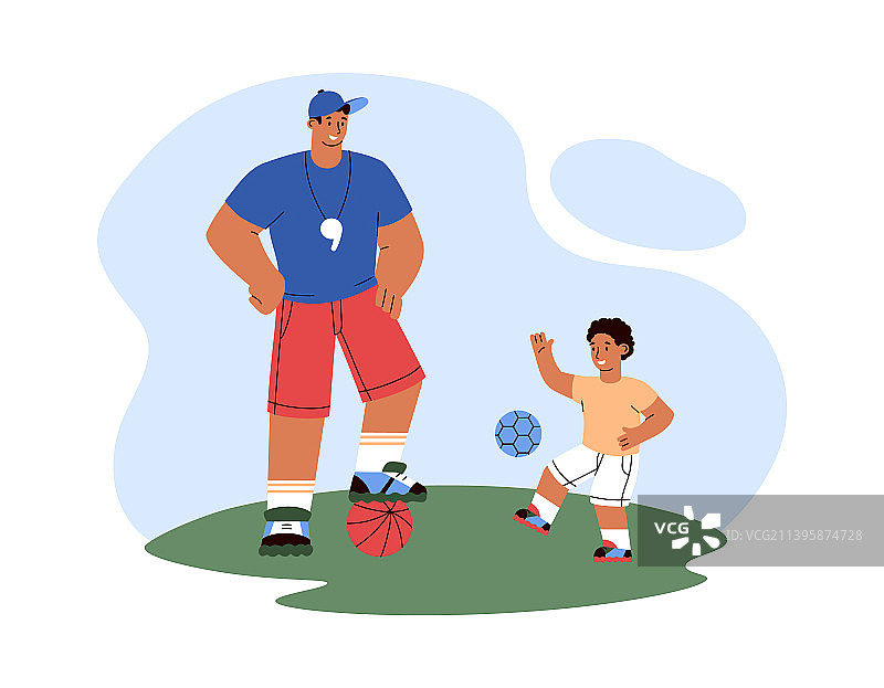 儿童男孩与教练一起进行足球训练图片素材