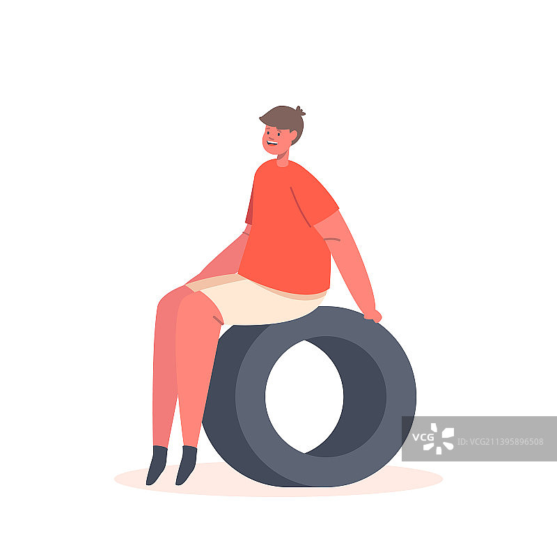 坐在回收汽车轮胎上的儿童角色图片素材