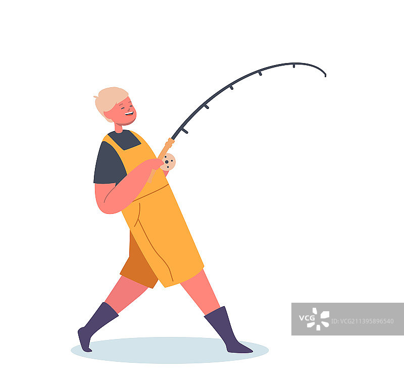 在池塘边用钓竿钓鱼的小男孩图片素材