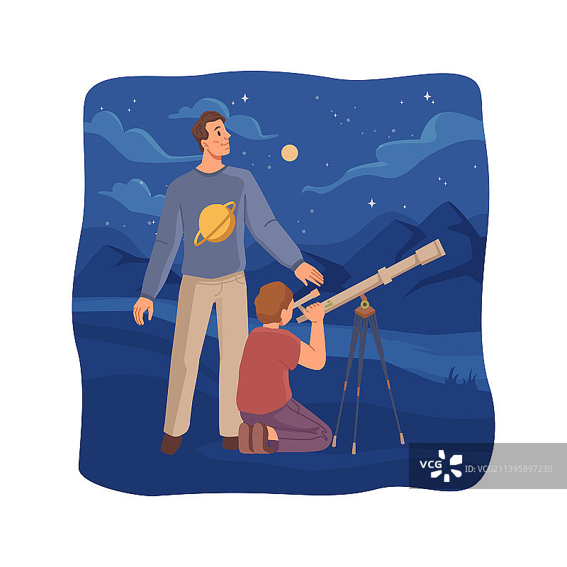男人和孩子通过望远镜观看星空图片素材