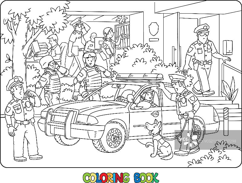 警察局汽车和警官填色书图片素材
