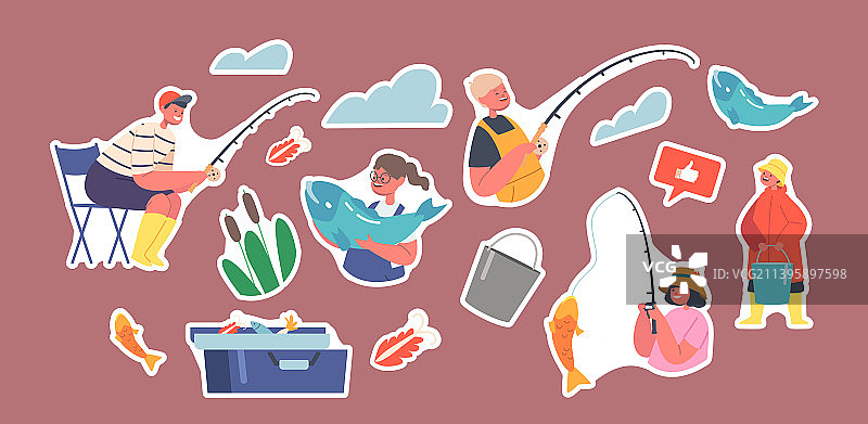 儿童渔夫与鱼竿贴纸套装图片素材