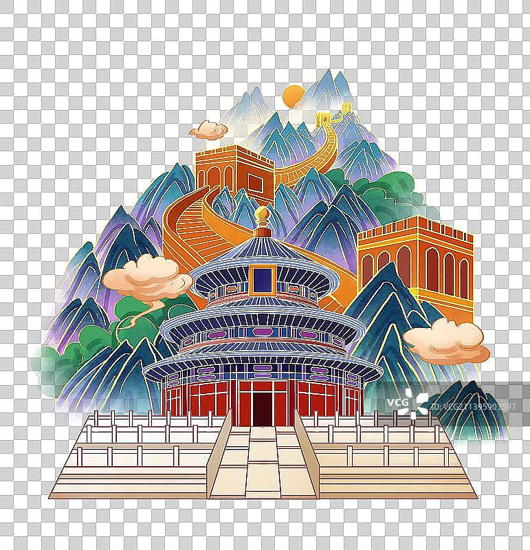国潮风国庆节天坛长城北京城市插画山水图片素材