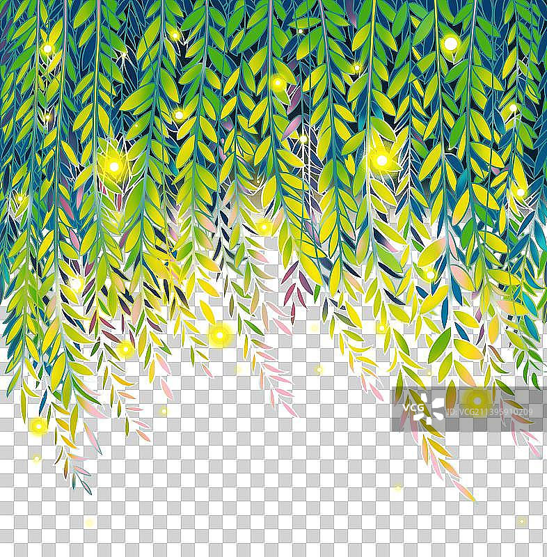 夜晚柳树下的萤火虫插画元素图片素材