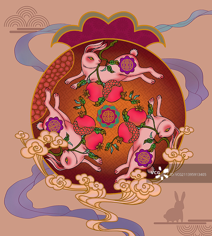 三兔衔石榴环绕福袋图片素材