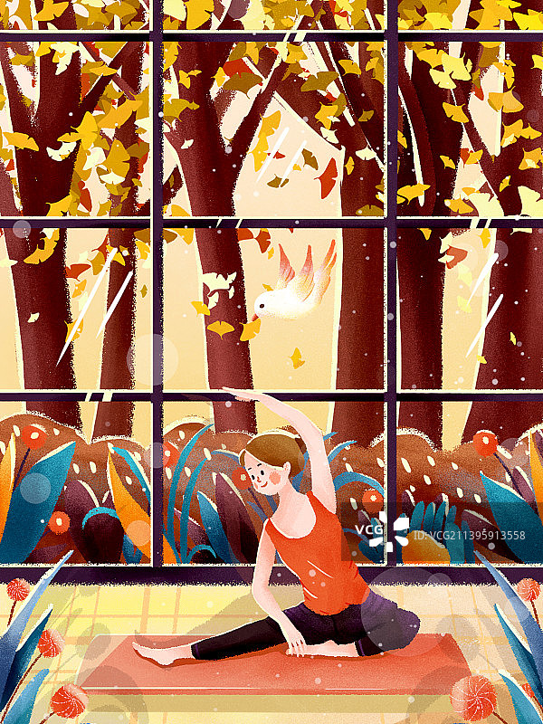 秋天女孩在室内运动图片素材