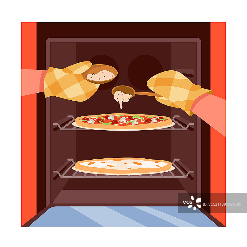 戴防火手套的厨师打开烤箱门图片素材