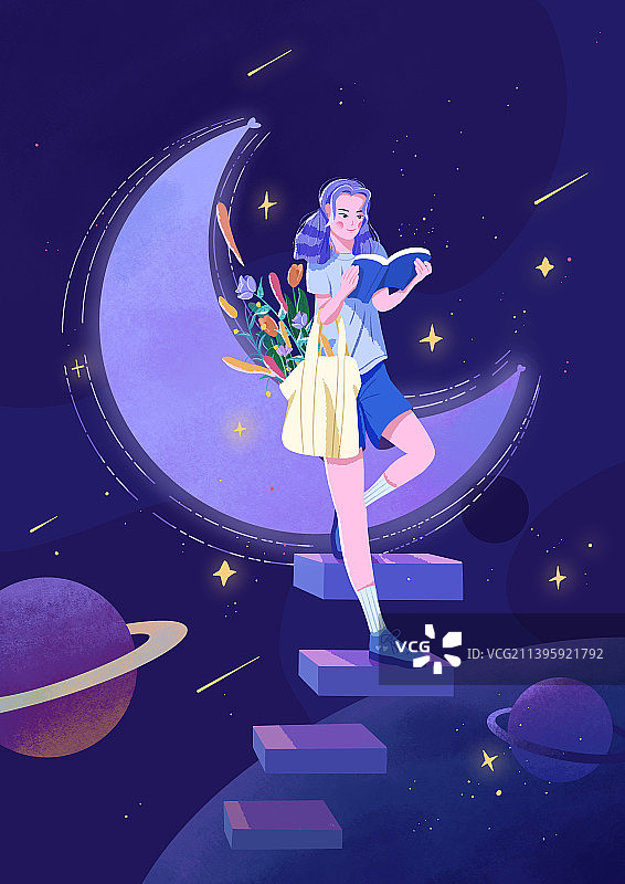 女孩在星空中看书图片素材
