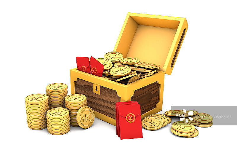 白色背景上的百宝箱与红包金币图片素材