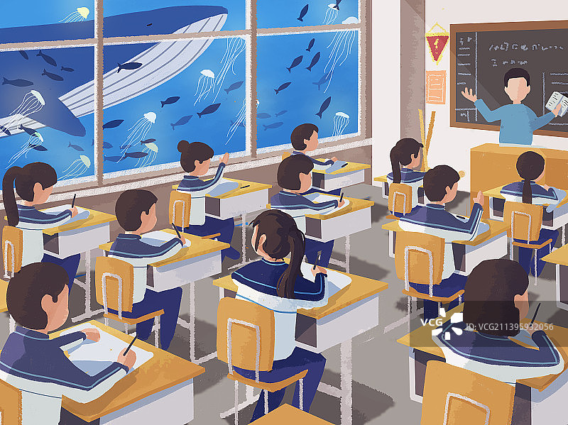 学生在教室中上课时的海洋蓝鲸幻想图片素材