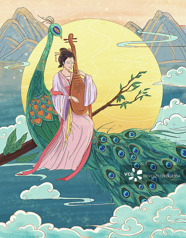 坐在孔雀上弹琵琶的古风女子图片素材