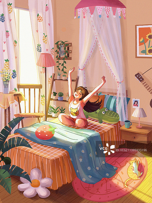 早上在家起床伸懒腰的少女图片素材