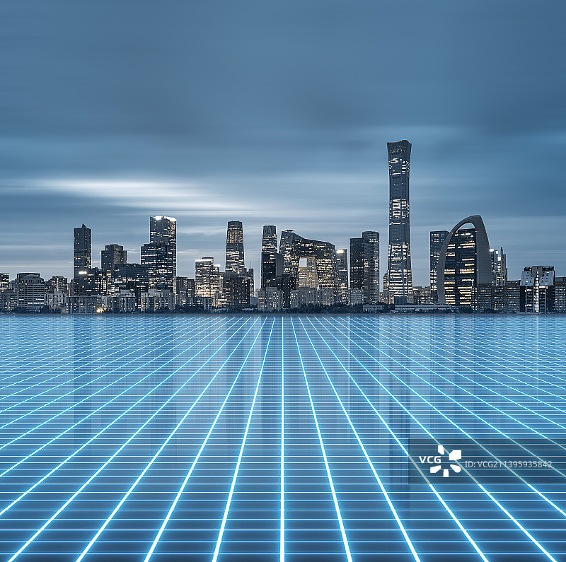 北京国贸夜景城市天际线和科技概念图片素材