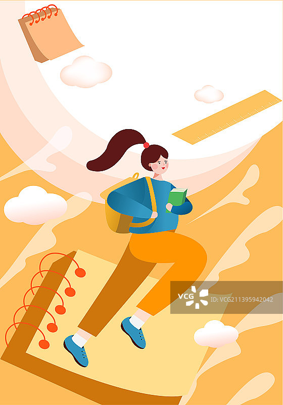 卡通开学季背着书包的女孩开心奔跑插画图片素材