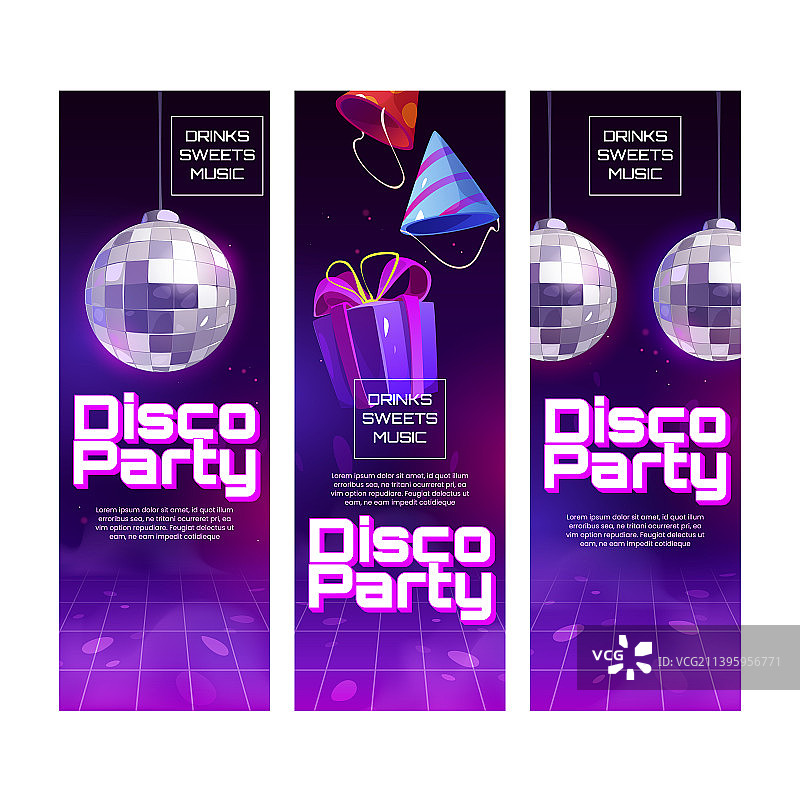 含鸡尾酒和蛋糕的迪斯科派对海报图片素材