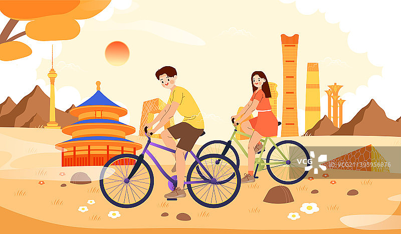 秋天在户外骑自行车的情侣图片素材