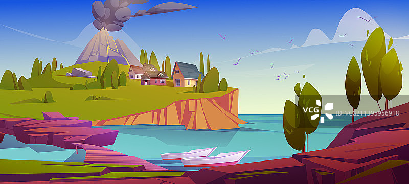 岛屿房屋与火山黑烟图片素材