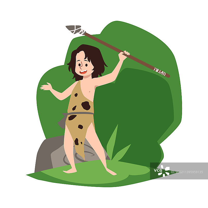 石器时代身穿兽皮持长矛的儿童猎人图片素材