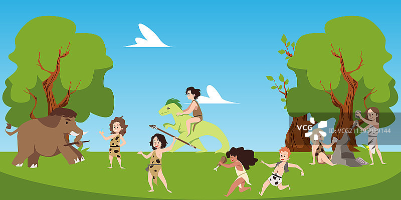 石器时代的孩子们奔跑着狩猎猛犸象图片素材