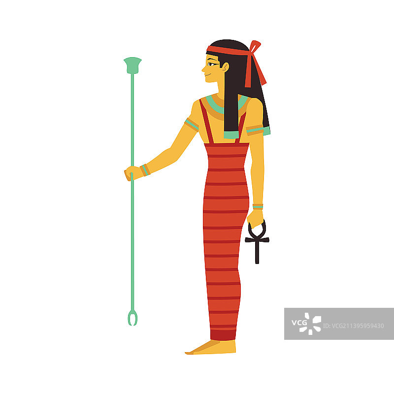 拿着手杖和平坦的安卡标志的埃及女神图片素材