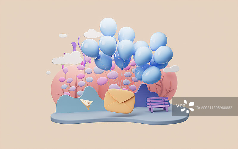 信封信件与卡通背景3D渲染图片素材