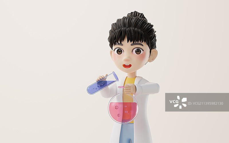 卡通女性科研人员与化学试剂3D渲染图片素材