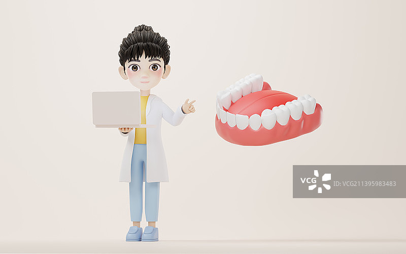卡通女性科研人员与口腔牙齿3D渲染图片素材