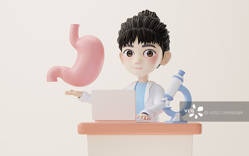 卡通女性科研人员与胃3D渲染图片素材