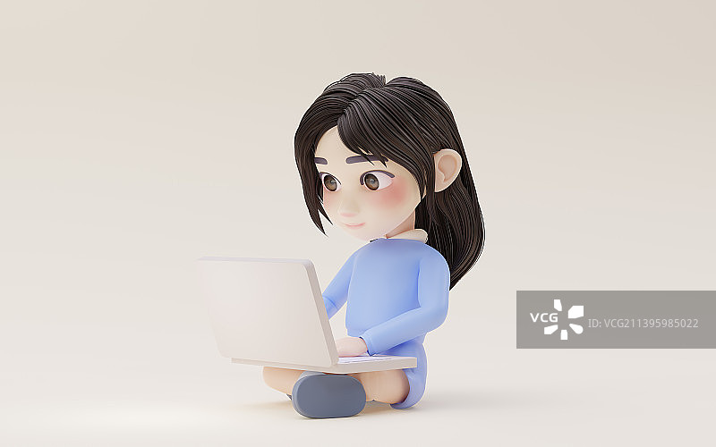 正在用电脑工作的卡通小女孩3D渲染图片素材