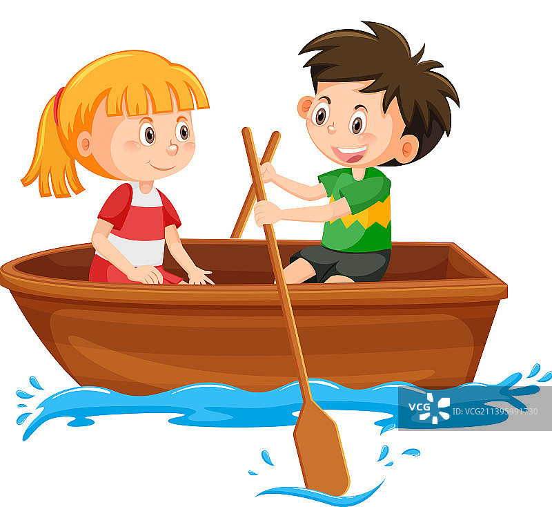 在白色背景下划船的一对男孩女孩图片素材