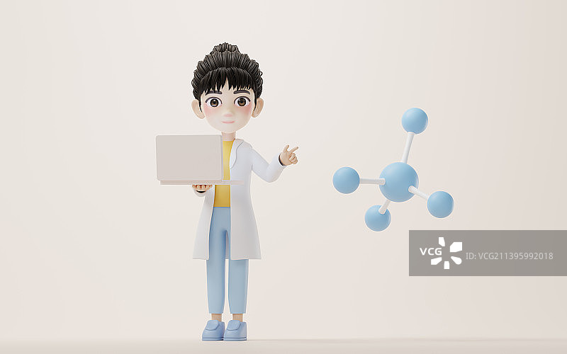 卡通女性科研人员与分子结构3D渲染图片素材
