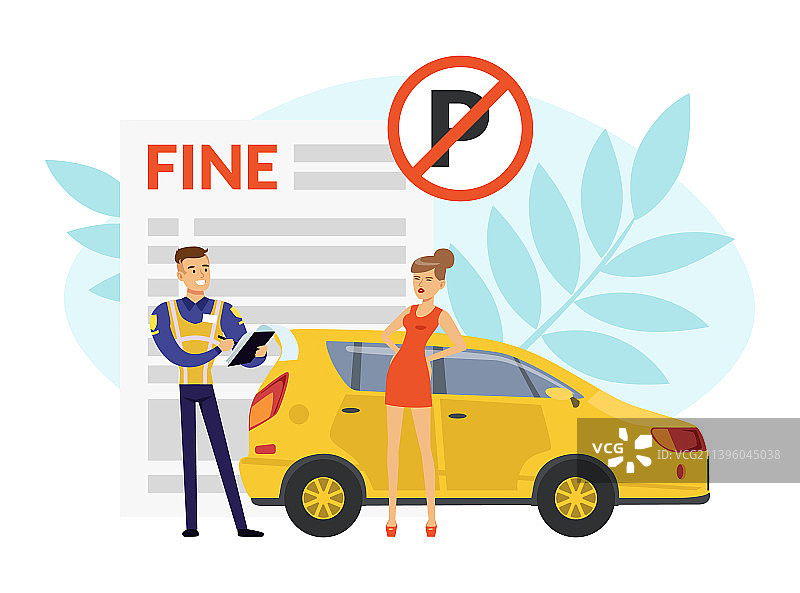 男人在路上，交警给妇女开罚单图片素材