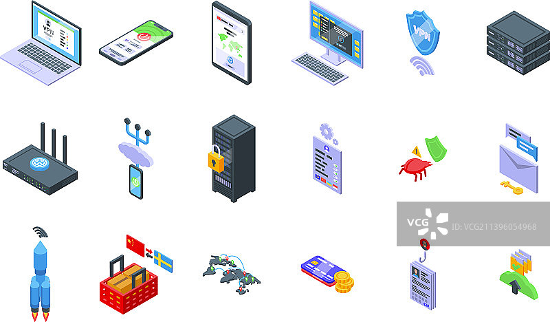 VPN图标集等距保护盾图片素材