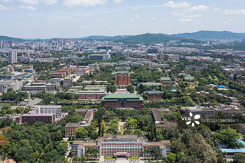 航拍华南理工大学天河校区学校内风景，蓝天白云，教学楼，教学设施图片素材