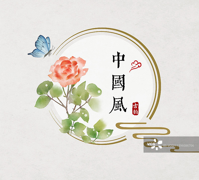 蔷薇花圆形中国风边框海报图片素材
