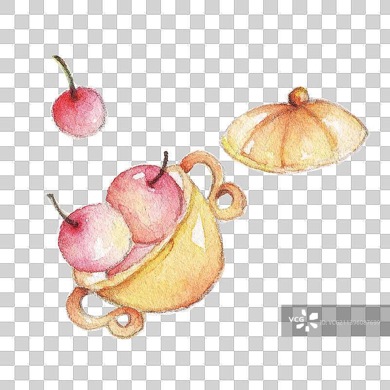 水彩手绘一个装着水果的镀金金属容器图片素材