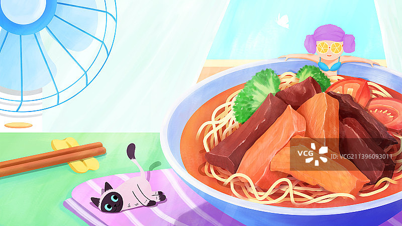 二十四节气之大暑牛肉面女孩汗蒸插画图片素材