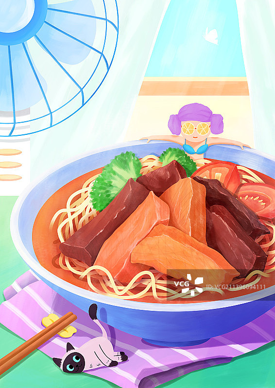 二十四节气之大暑牛肉面女孩汗蒸插画图片素材