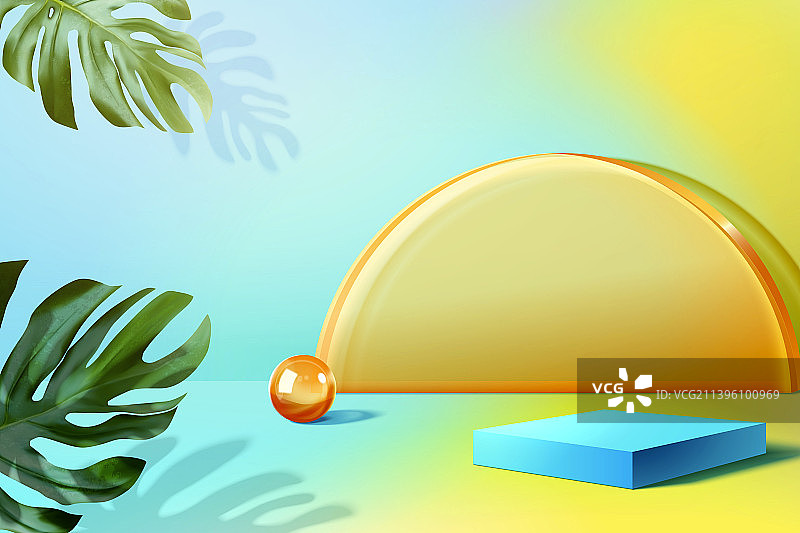 夏日蓝色黄色渐变光展台素材背景图片素材