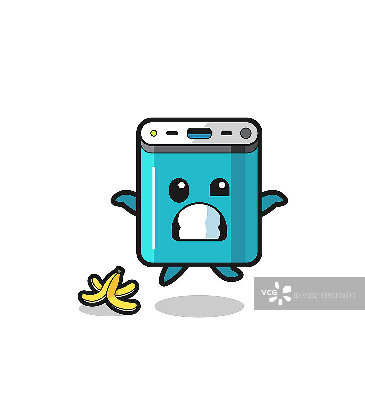 充电宝卡通形象踩香蕉皮滑倒图片素材