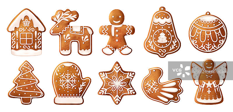 逼真圣诞节姜饼饼干图标套装图片素材