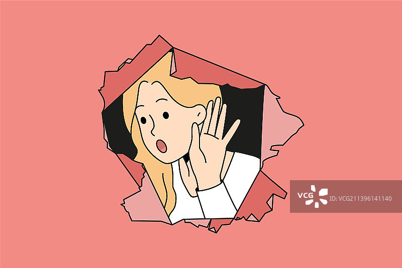 女士好奇地从洞中偷看八卦图片素材