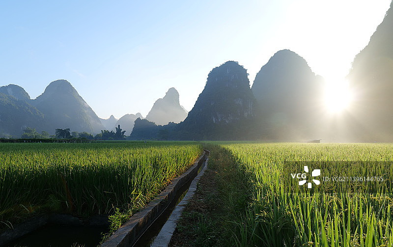 广西桂林阳朔遇龙河边早晨的田园风光图片素材