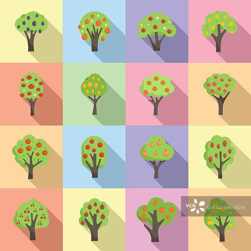 扁平苹果园水果树图标集图片素材