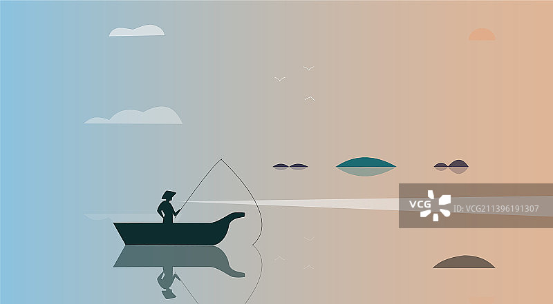 坐在船上的渔民黑色剪影图片素材