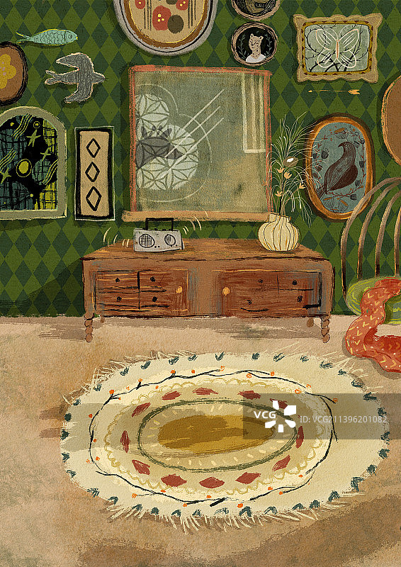 豹子绿色家居装修陈设室内布置清新复古地毯装饰画图片素材