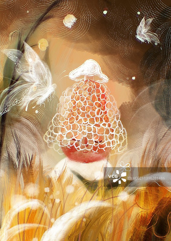 蘑菇插画氛围山中采蘑菇儿童插画文学飞舞夜晚秋天季节节日图片素材