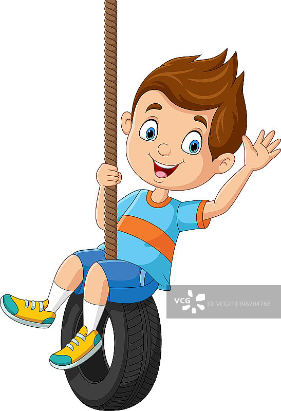 卡通小男孩玩轮胎秋千图片素材